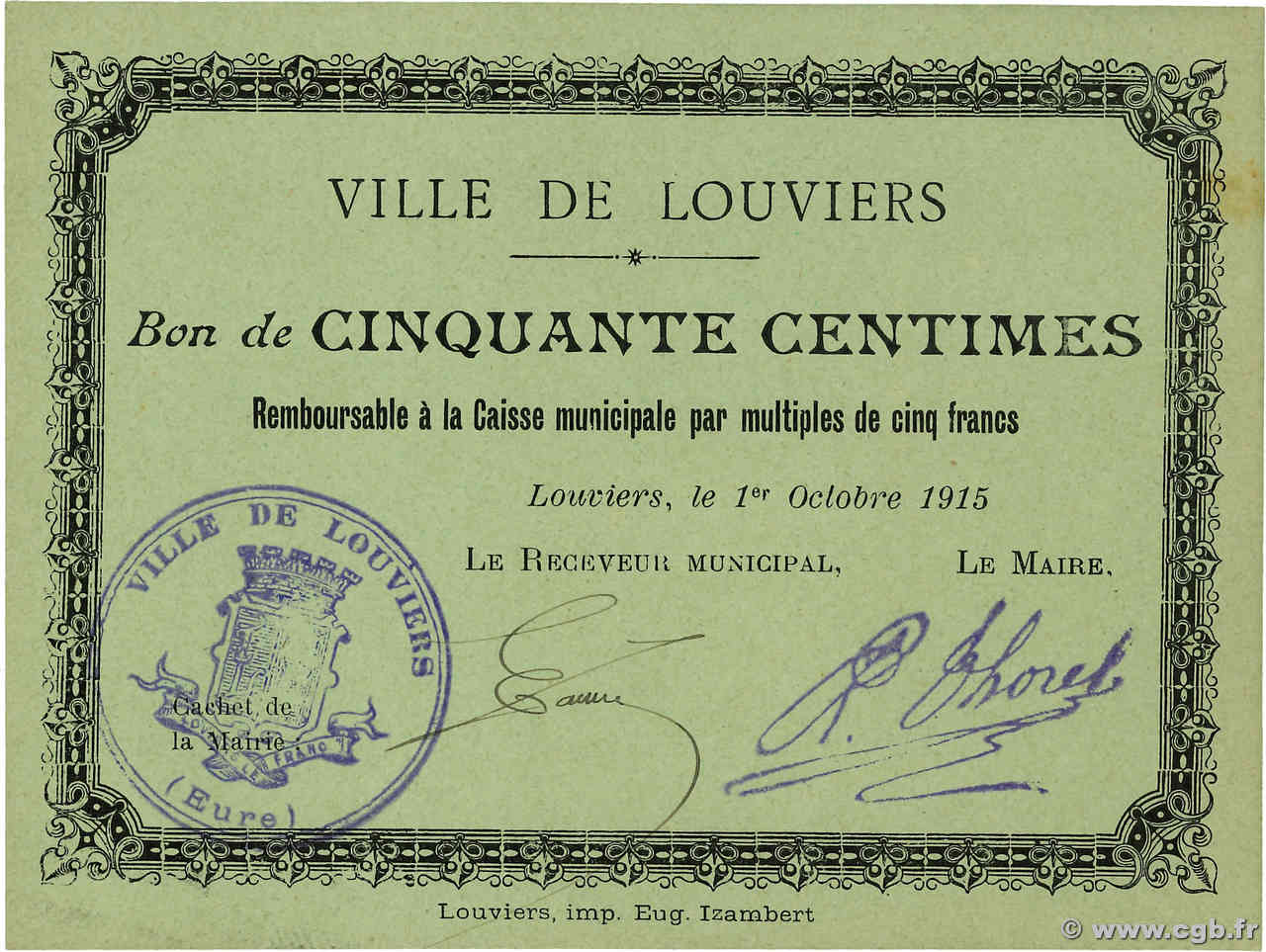 50 Centimes FRANCE régionalisme et divers Louviers 1915 JP.27-07 NEUF
