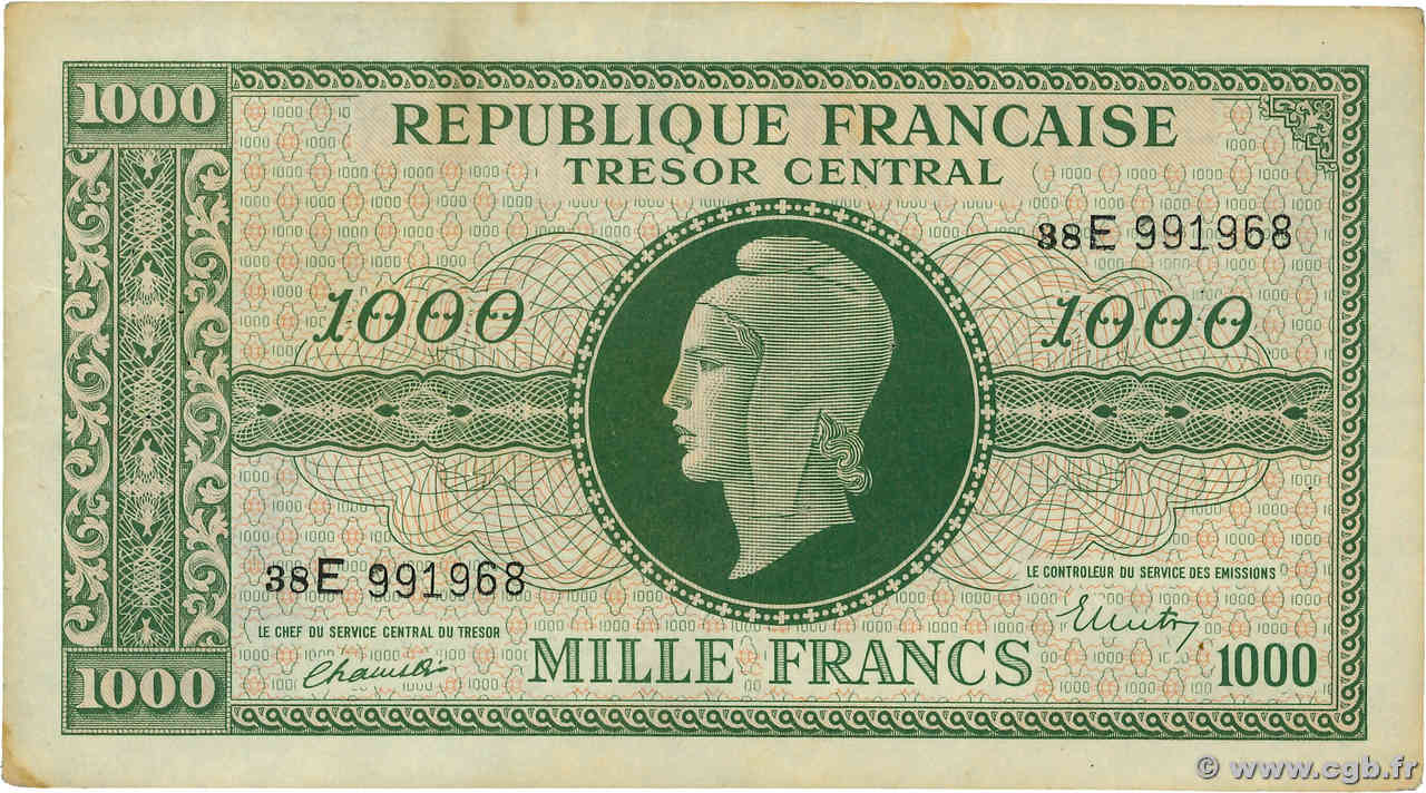 1000 Francs MARIANNE THOMAS DE LA RUE FRANCE  1945 VF.13.02 TTB