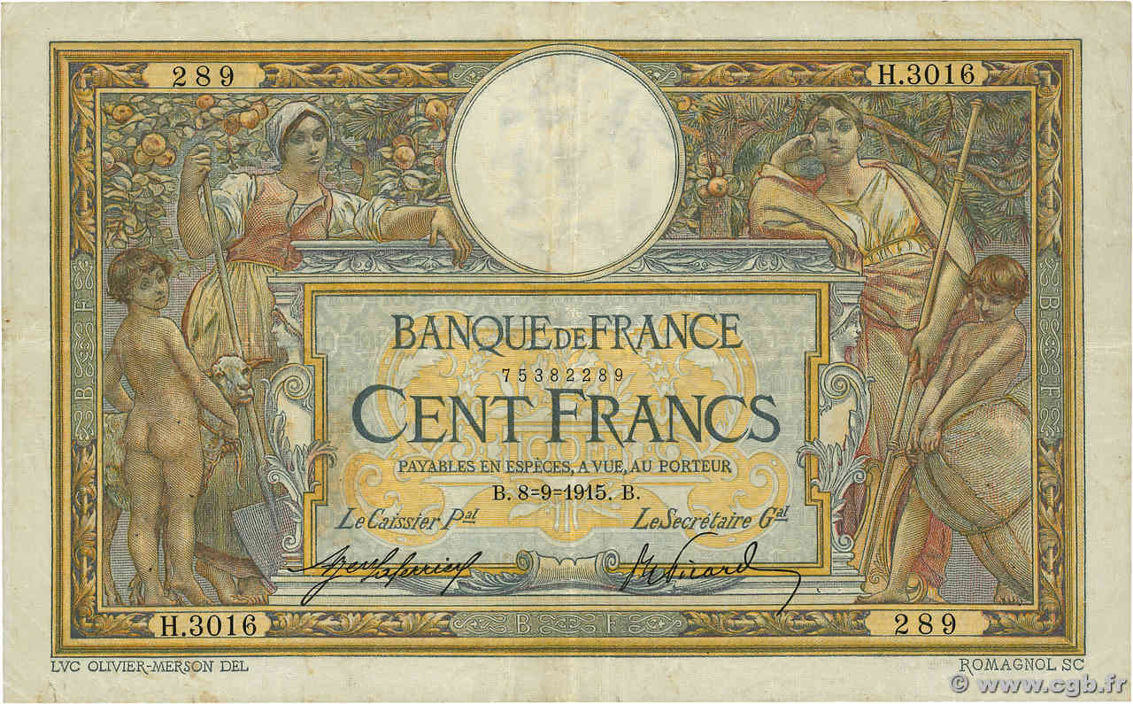100 Francs LUC OLIVIER MERSON sans LOM FRANCE  1915 F.23.07 TB