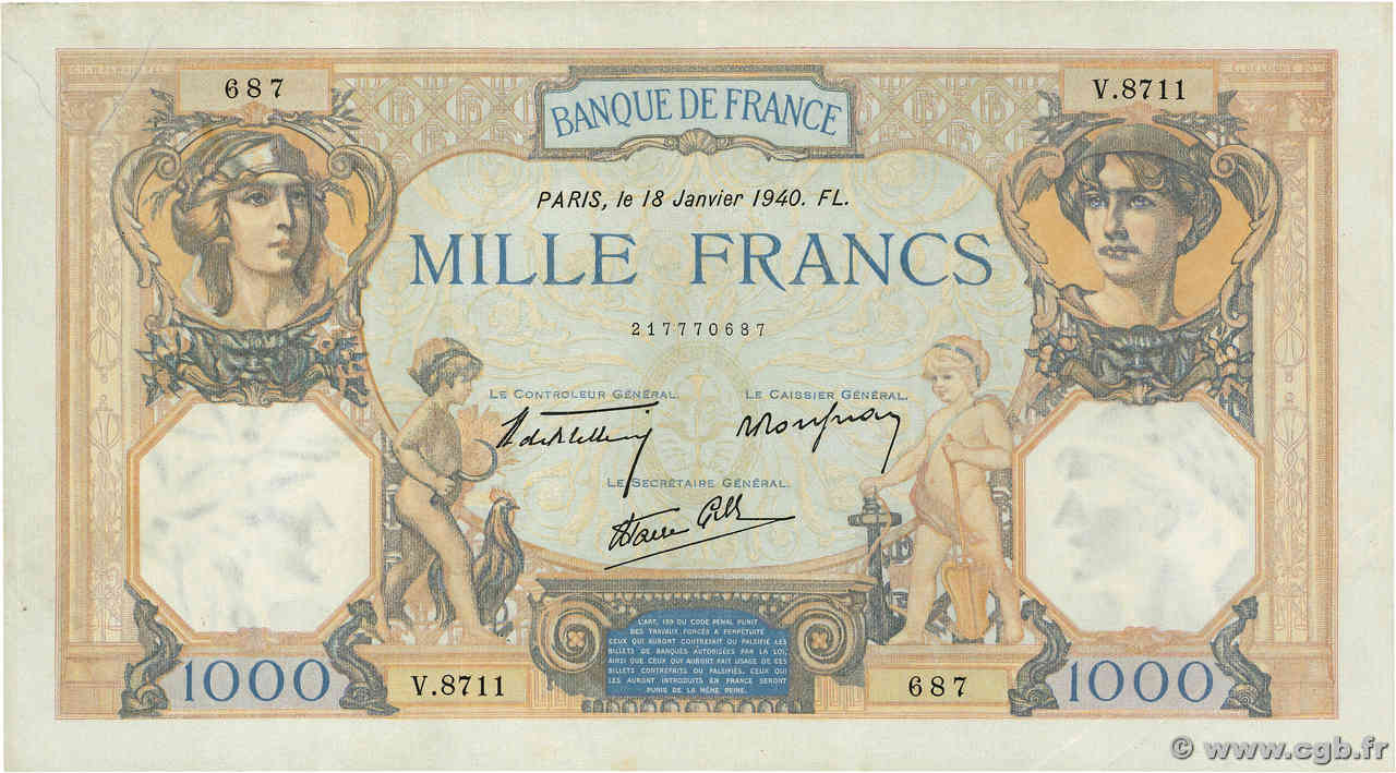 1000 Francs CÉRÈS ET MERCURE type modifié FRANCE  1940 F.38.42 TTB