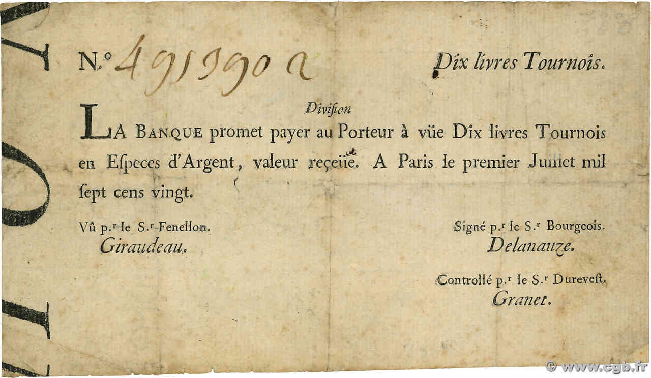 10 Livres Tournois typographié FRANCE  1720 Dor.22 F+