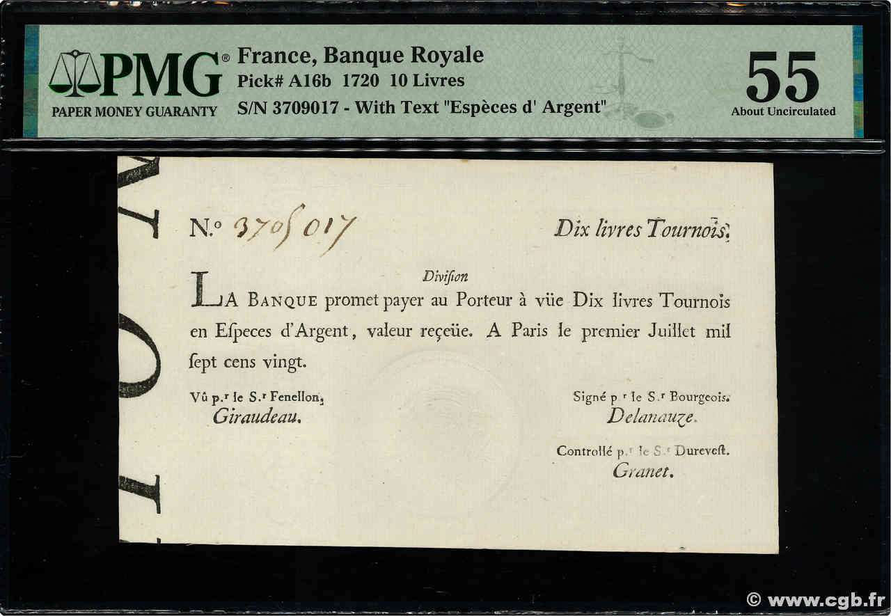 10 Livres Tournois typographié FRANCE  1720 Dor.22 SPL