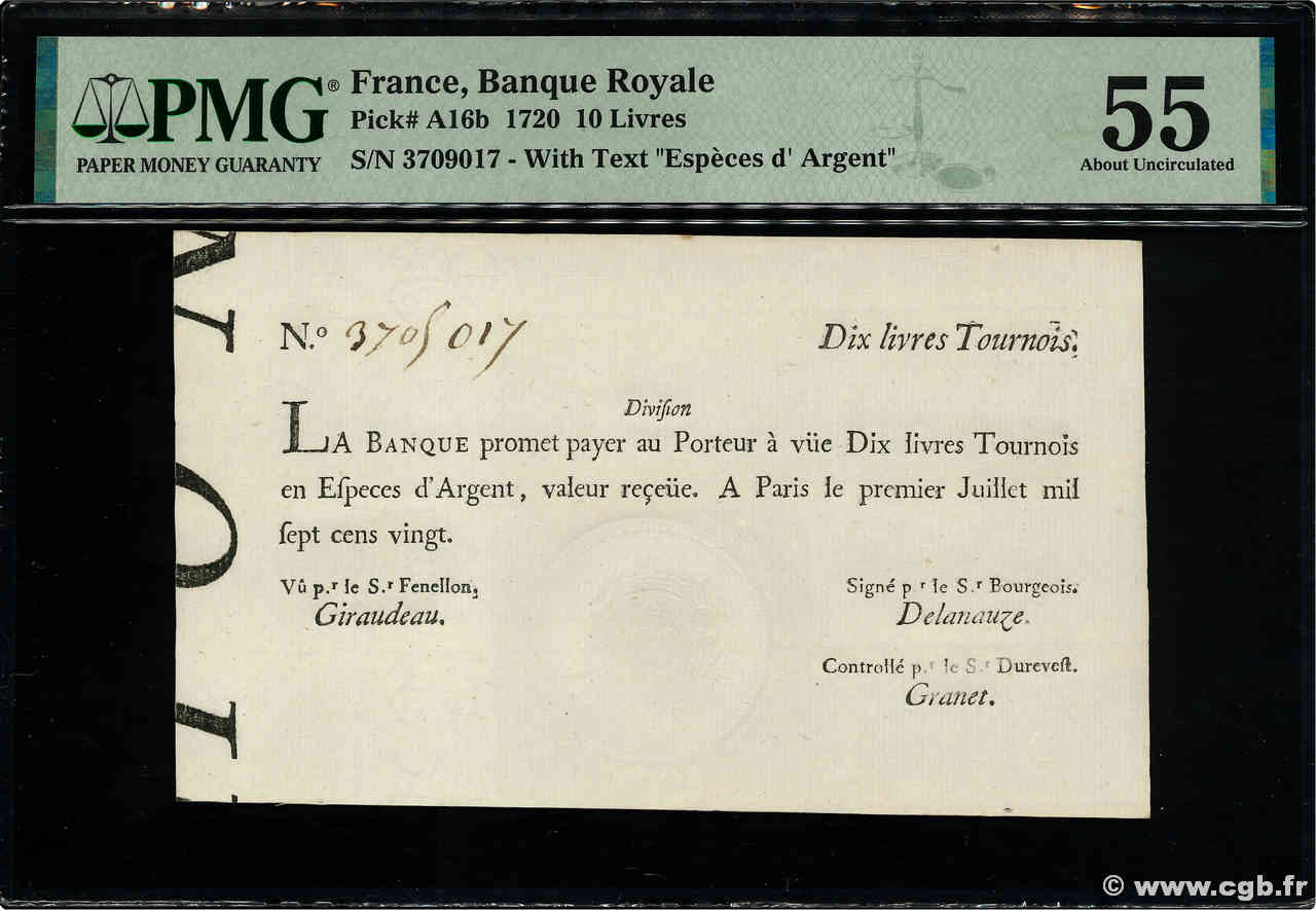 10 Livres Tournois typographié FRANCIA  1720 Dor.22 AU