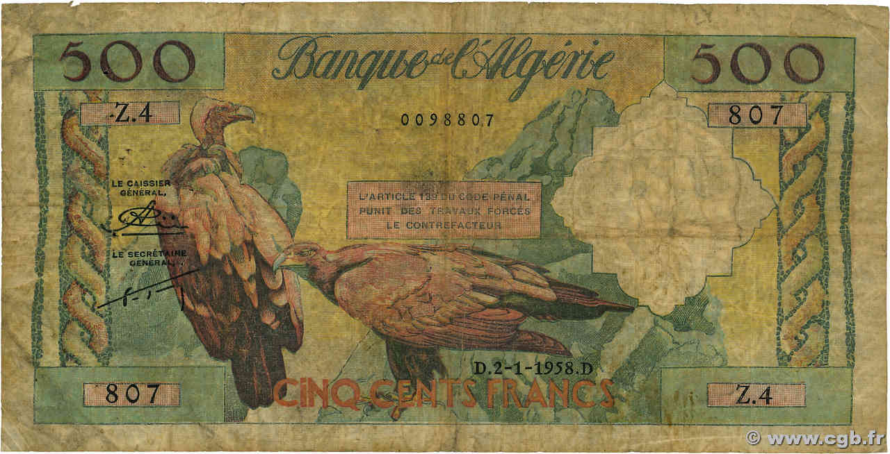 500 Francs ALGÉRIE  1958 P.117 pr.B