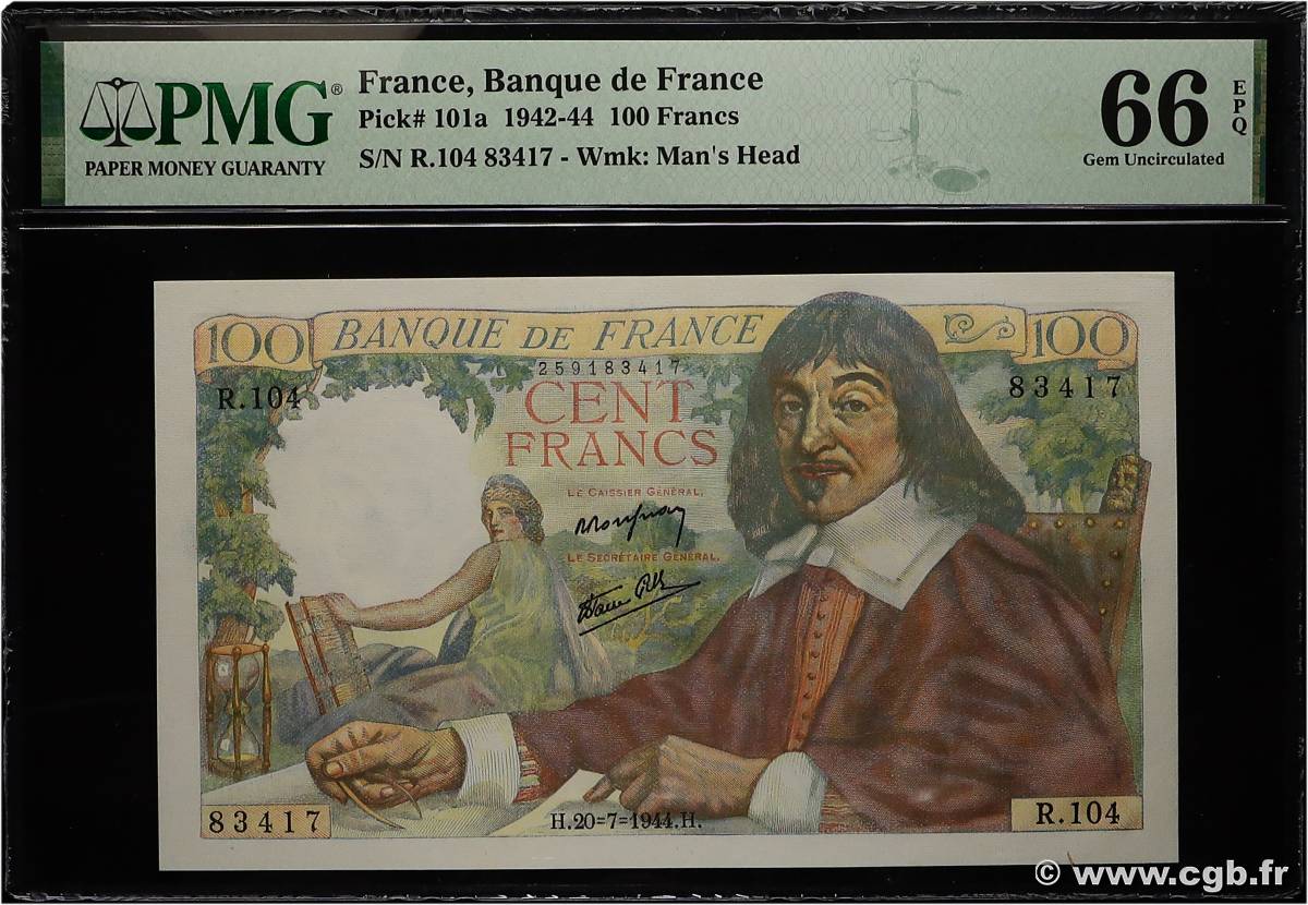 100 Francs DESCARTES FRANCE  1944 F.27.06 NEUF