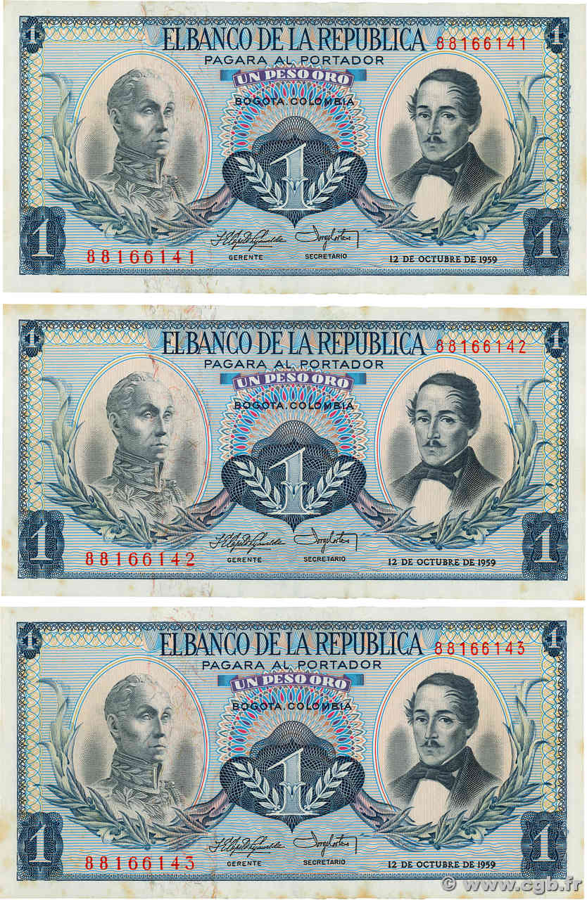 1 Peso Oro Consécutifs COLOMBIA  1959 P.404a AU-