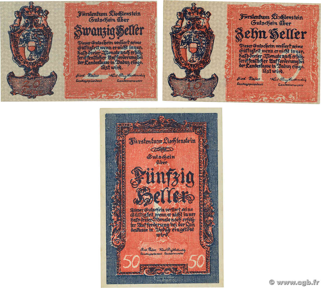 10, 20 et 50 Heller Lot LIECHTENSTEIN  1920 P.01, P.02 et P.03 NEUF