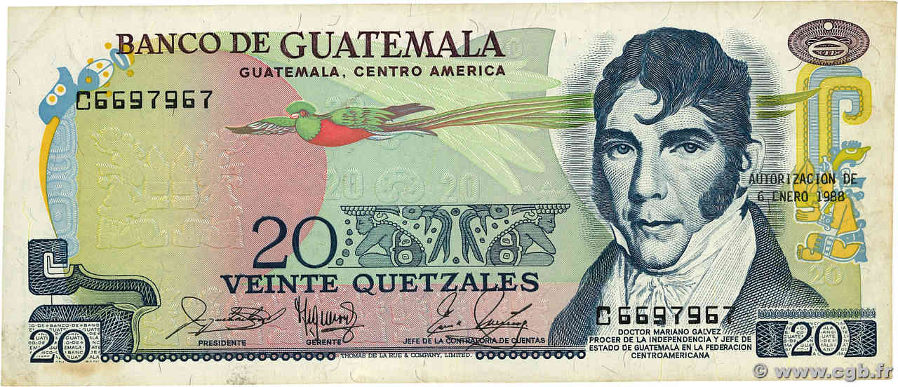 20 Quetzales GUATEMALA  1988 P.062d TTB