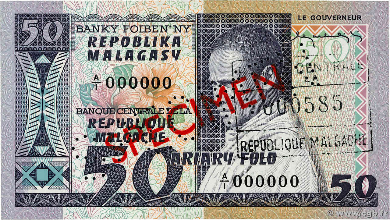 50 Francs - 10 Ariary Spécimen MADAGASCAR  1974 P.062S NEUF