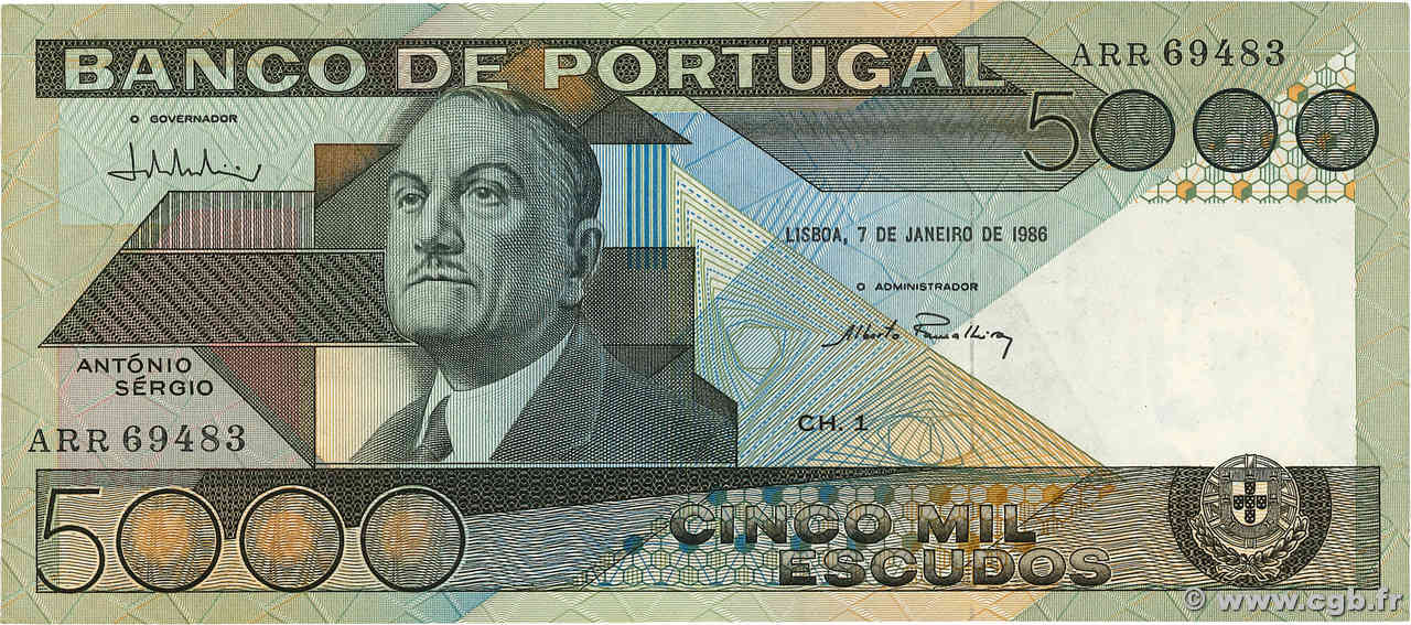 5000 Escudos PORTUGAL  1986 P.182e pr.SUP
