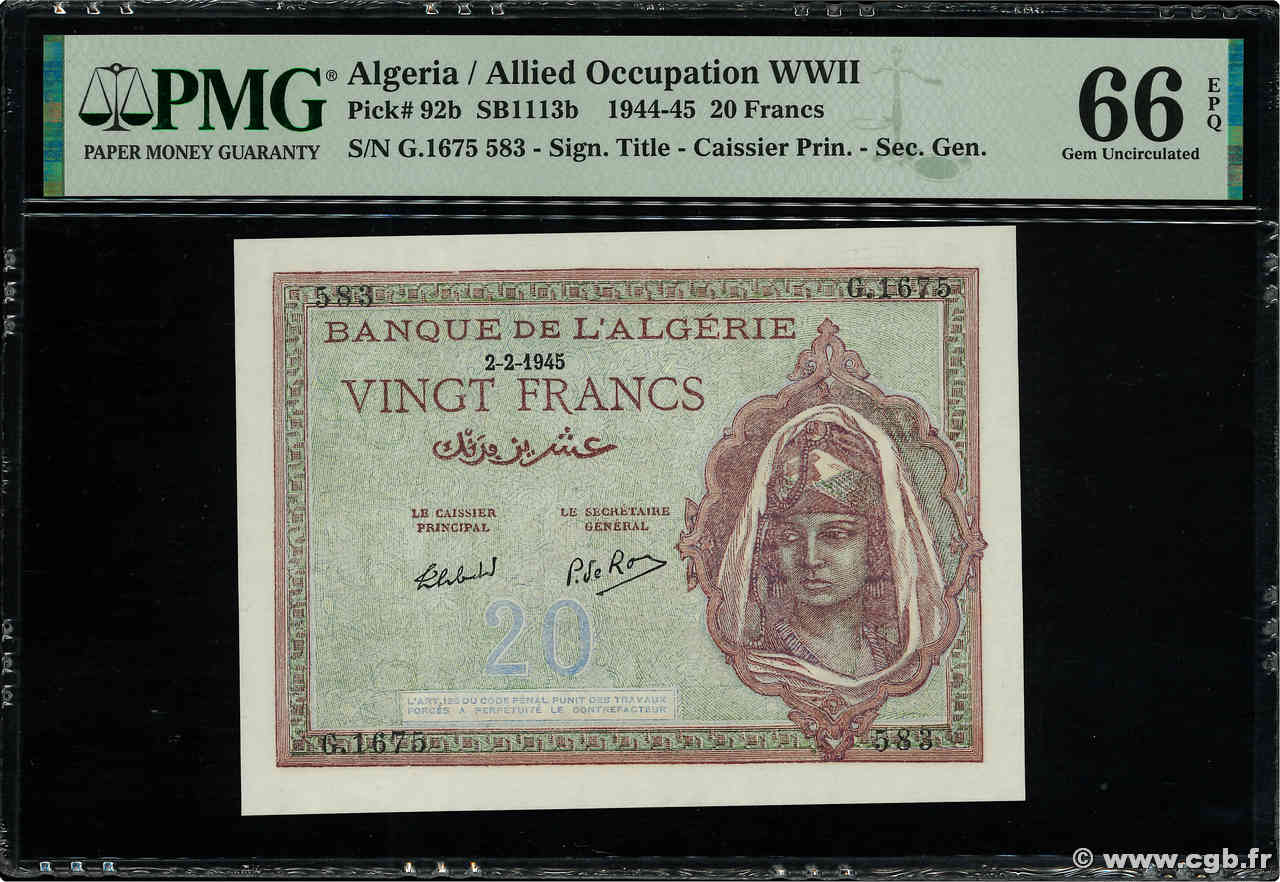 20 Francs ALGERIA  1945 P.092b FDC