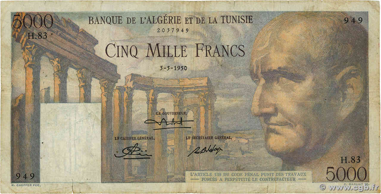 5000 Francs TUNISIA  1950 P.30 VG