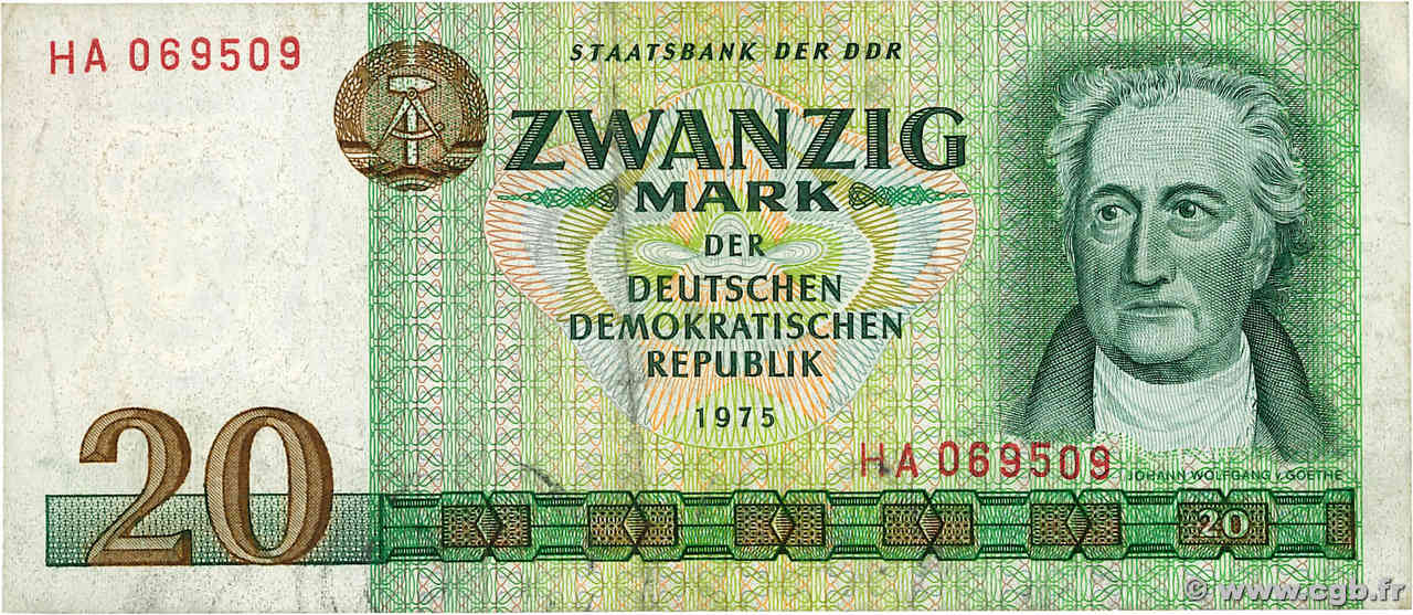20 Mark ALLEMAGNE RÉPUBLIQUE DÉMOCRATIQUE  1975 P.29a TB+