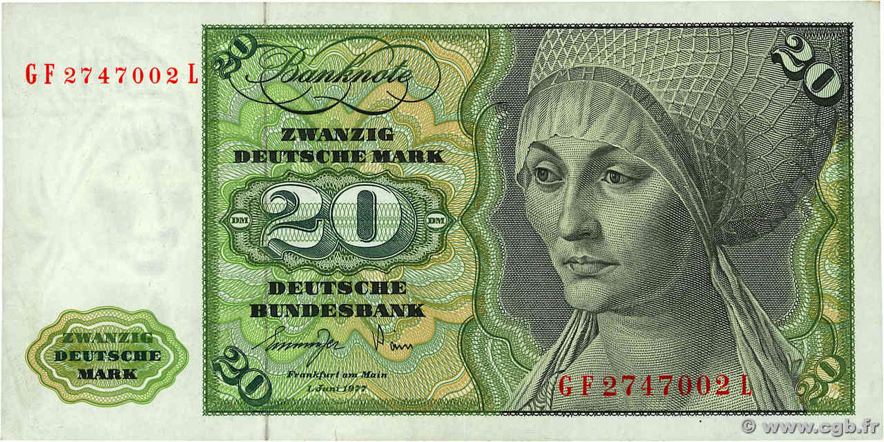 20 Deutsche Mark GERMAN FEDERAL REPUBLIC  1977 P.32b VF+