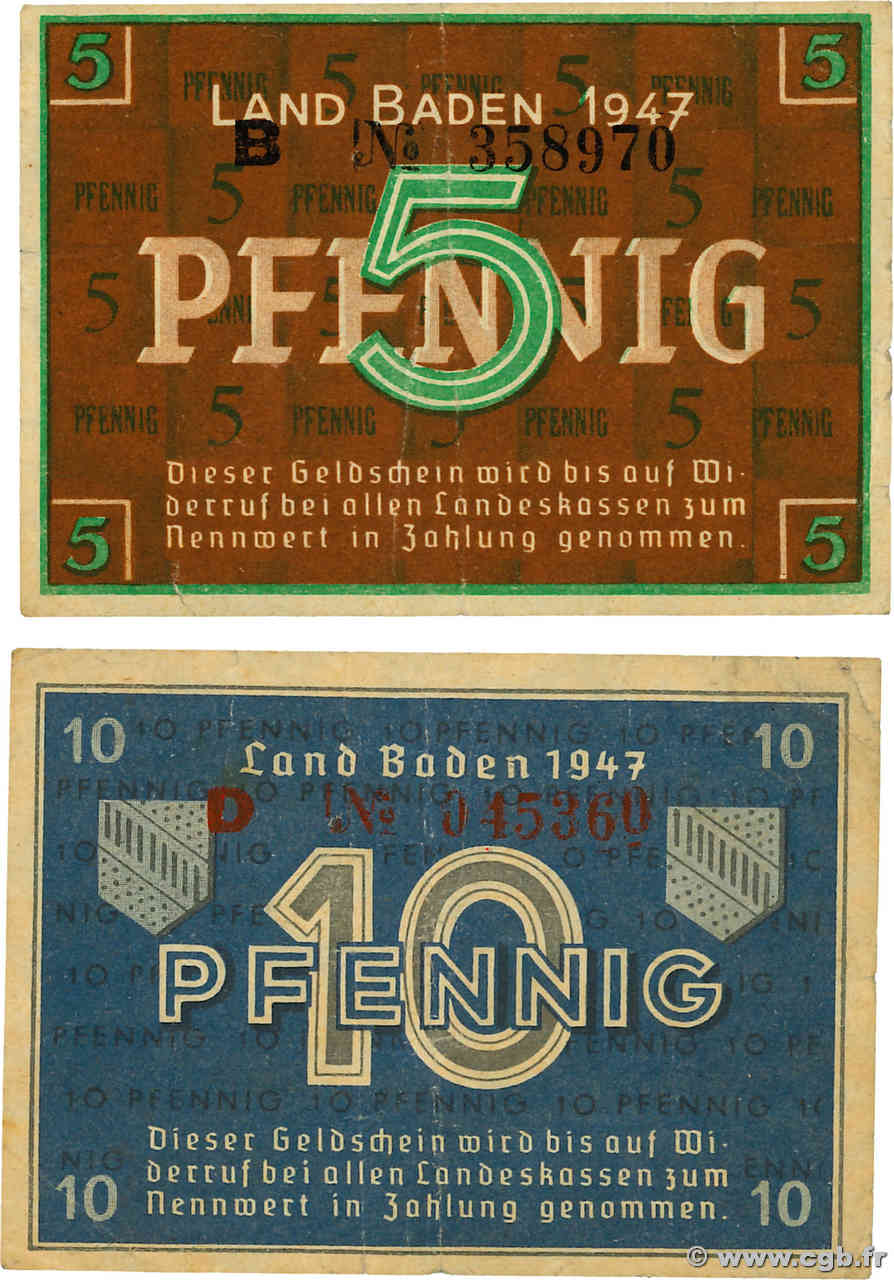 5 Pfennig Lot ALLEMAGNE Baden 1947 PS.1001a et PS.1002a TB+