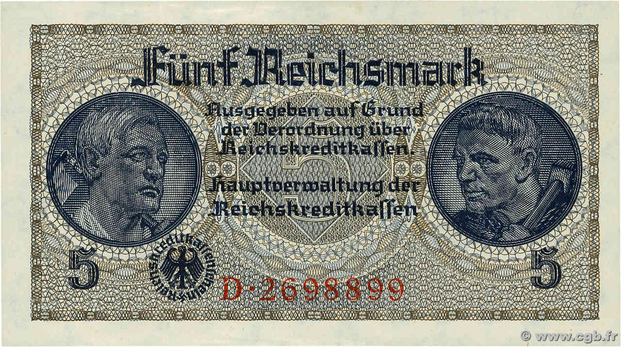 5 Reichsmark DEUTSCHLAND  1940 P.R138a fVZ