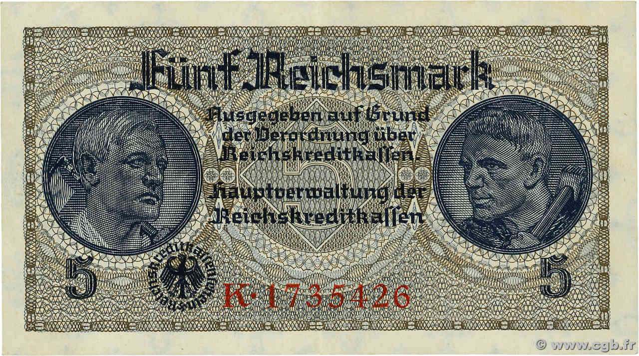 5 Reichsmark GERMANIA  1940 P.R138a q.SPL