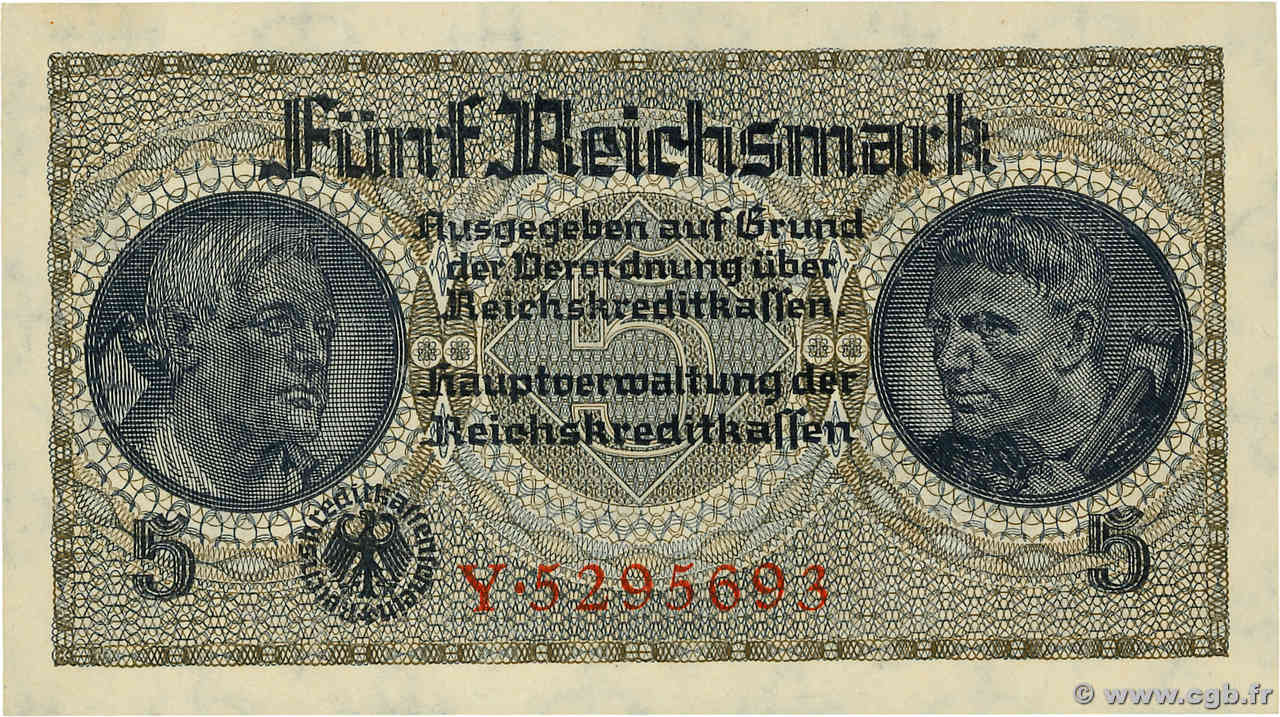 5 Reichsmark GERMANY  1940 P.R138a AU