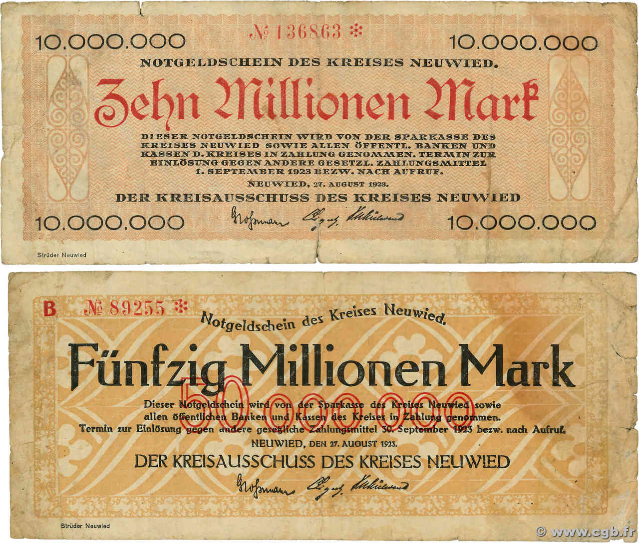 10 et 50 Millions Mark Lot DEUTSCHLAND Neuwied 1923  SGE