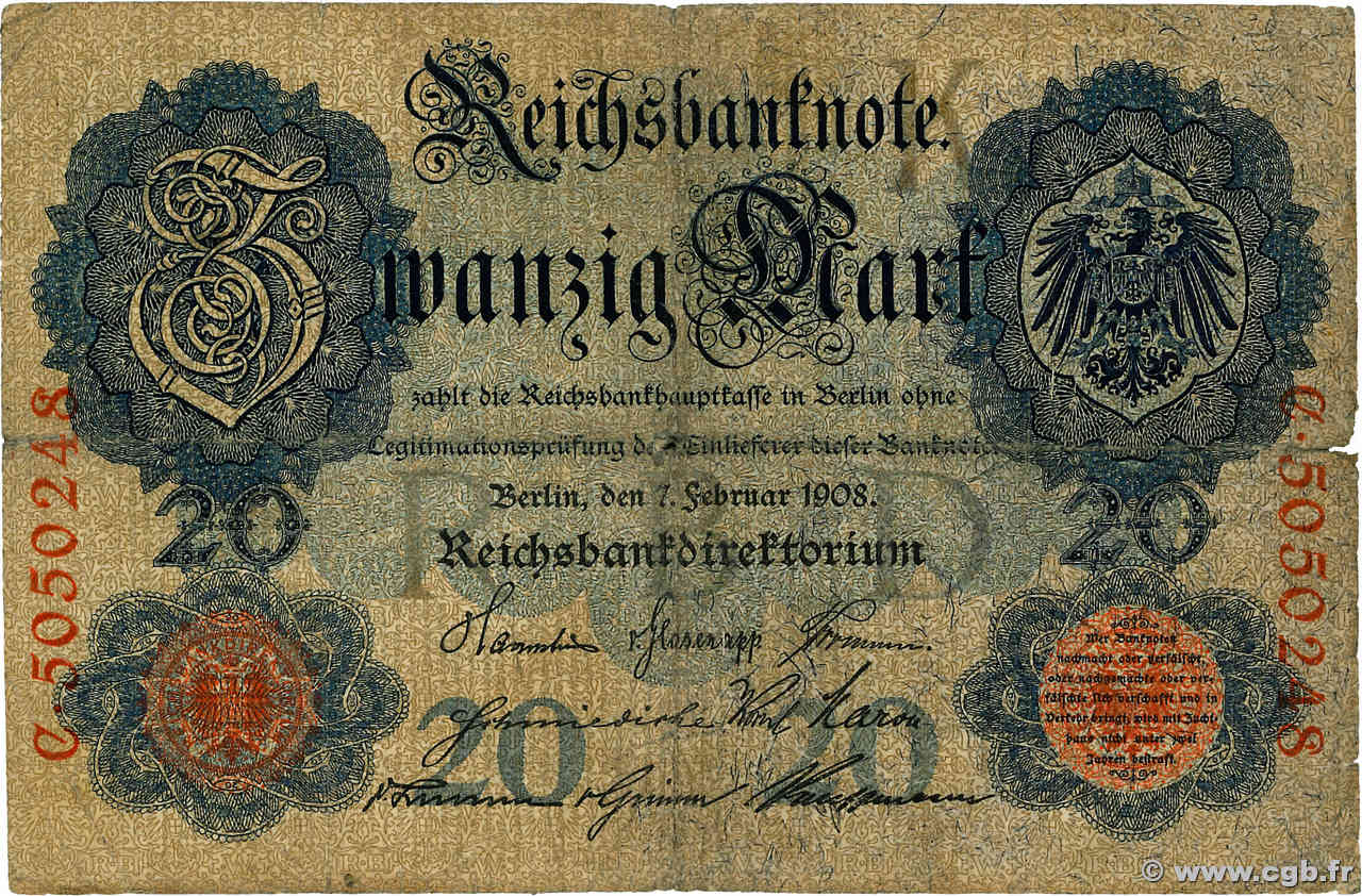 20 Mark GERMANY  1908 P.031 VG