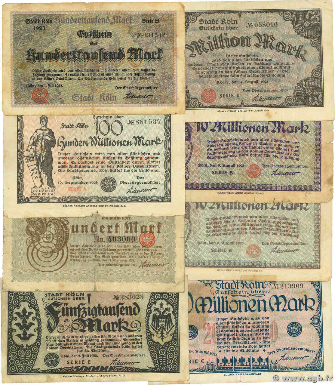 Lot de 8 Billets, ville de Köln Lot ALLEMAGNE Köln 1923  B à TB