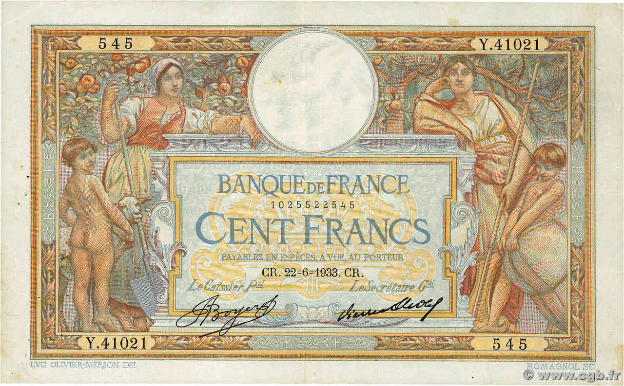 100 Francs LUC OLIVIER MERSON grands cartouches FRANCE  1933 F.24.12a TB+