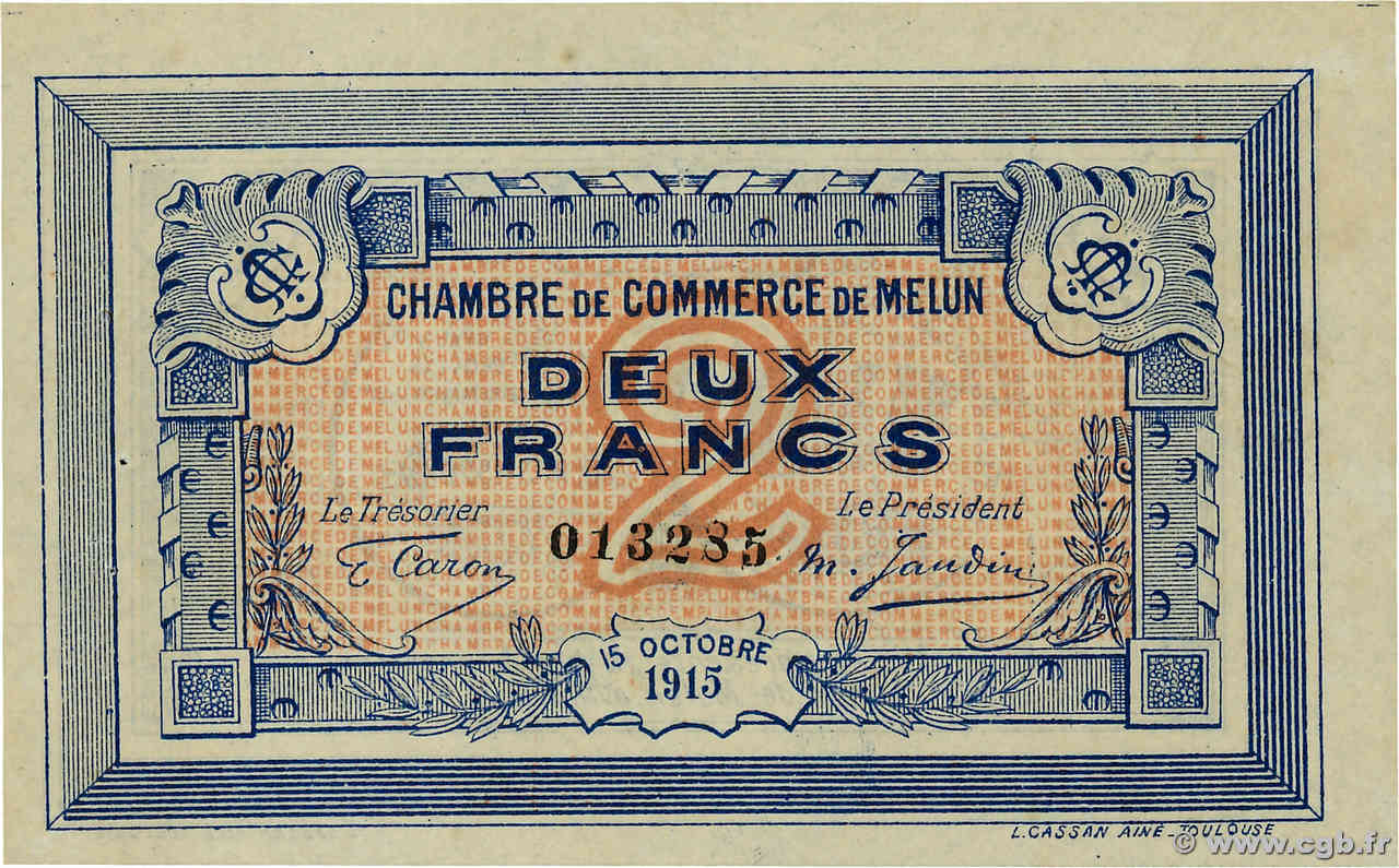 2 Francs FRANCE régionalisme et divers Melun 1915 JP.080.05 SUP