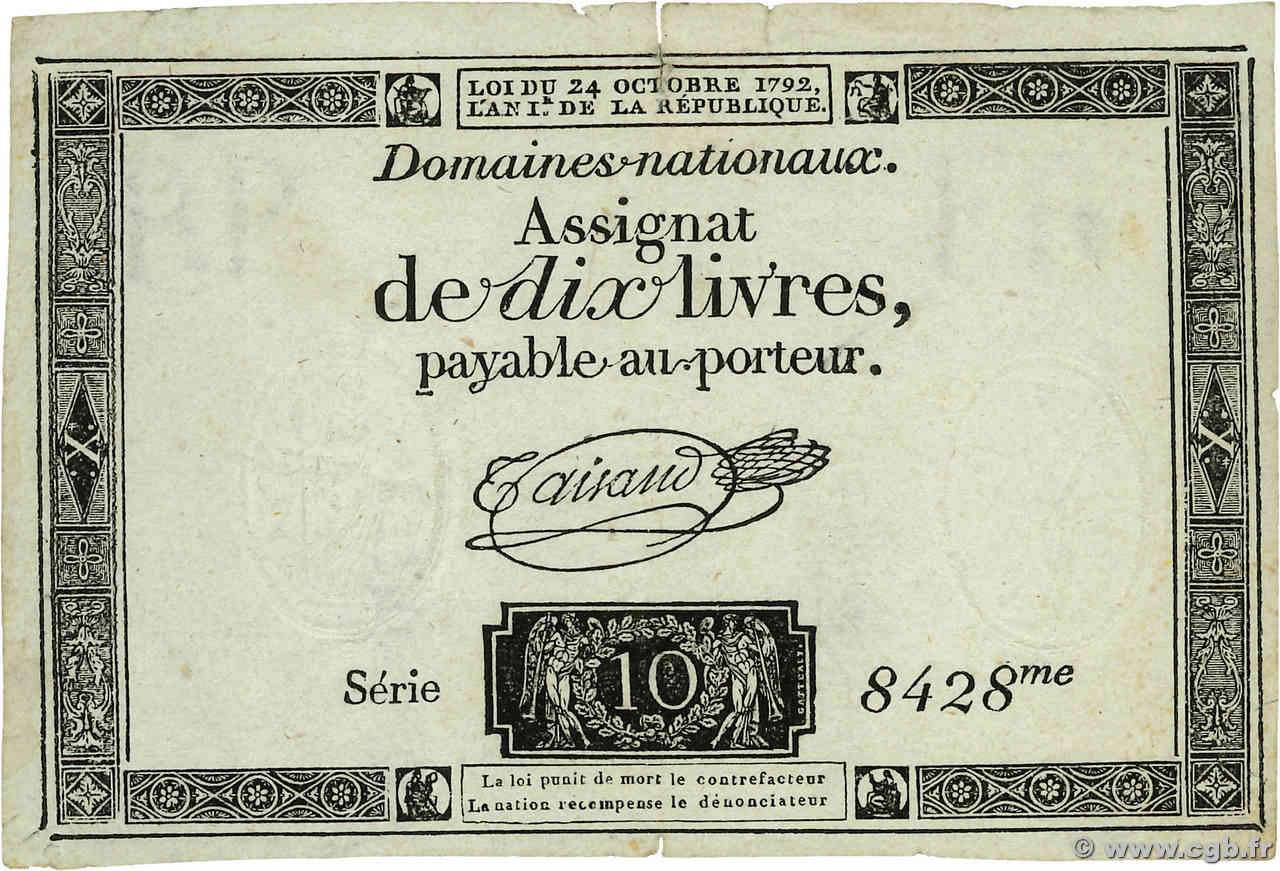 10 Livres filigrane républicain  FRANCE  1792 Ass.36b TB+