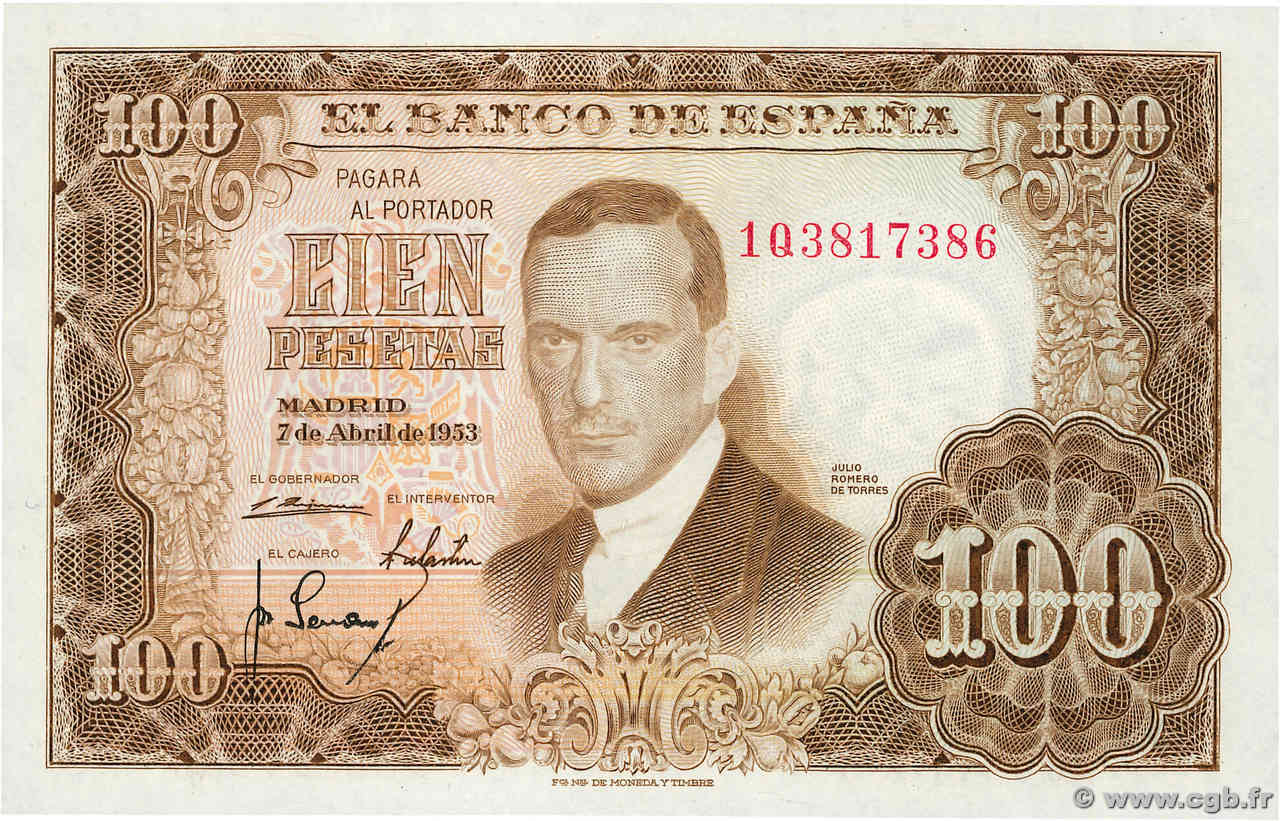 100 Pesetas ESPAGNE  1953 P.145 NEUF