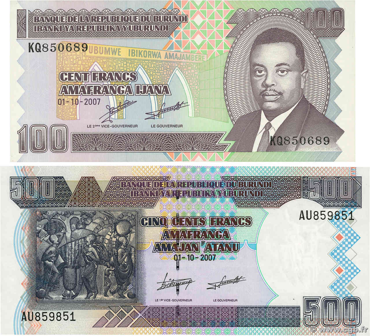 100 Francs Lot BURUNDI  2007 P.37f et P.38d NEUF