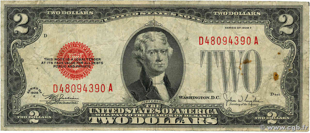 2 Dollars ÉTATS-UNIS D AMÉRIQUE  1928 P.378g B+