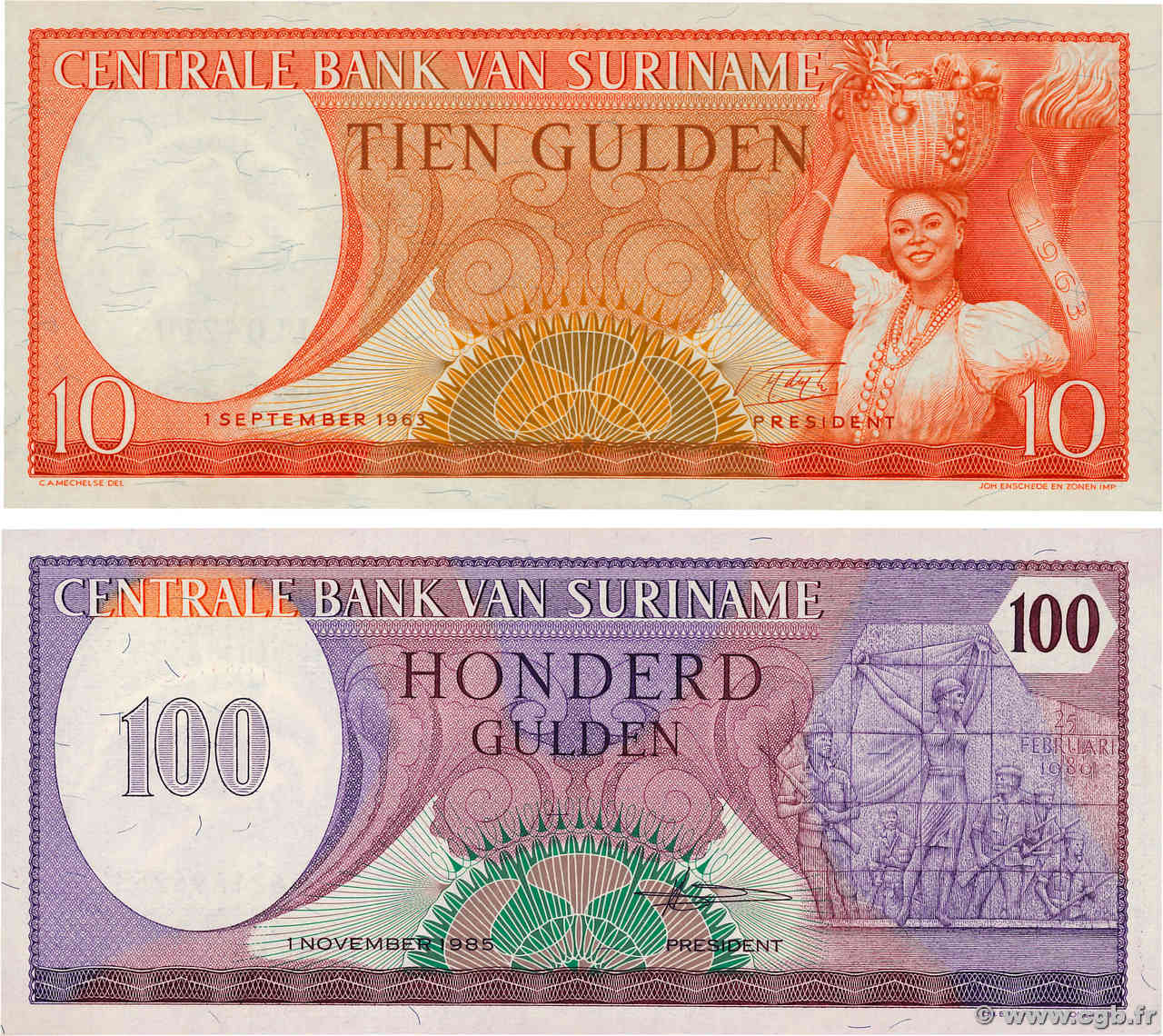 10 et 100 Gulden Lot SURINAM  1963 P.121b et P.128b NEUF