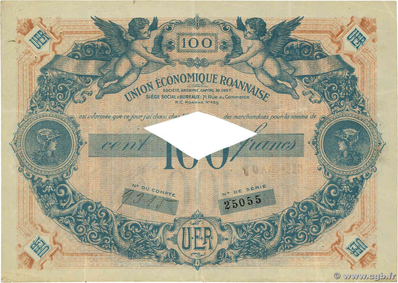 100 Francs Annulé FRANCE régionalisme et divers Roanne 1929  TTB