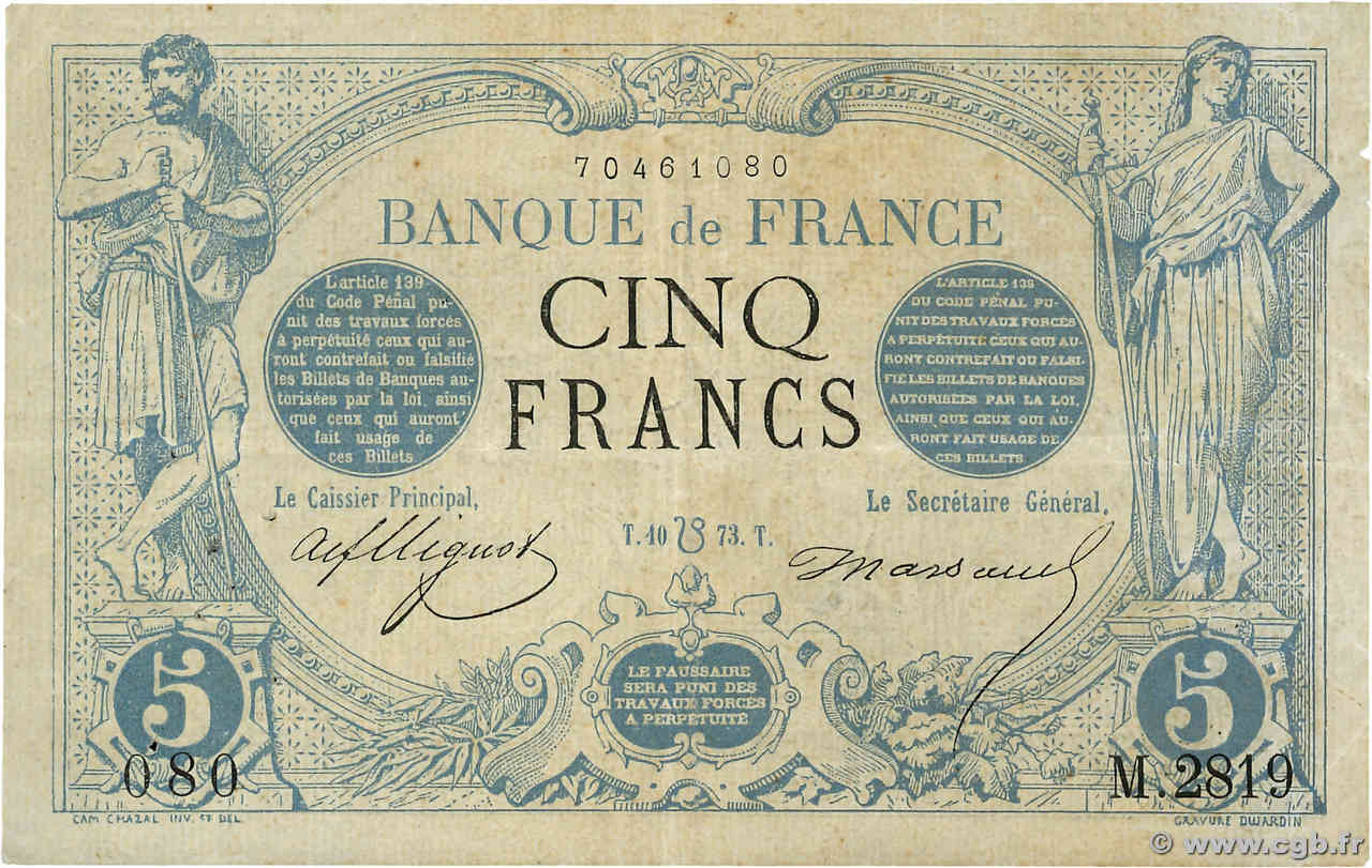 5 Francs NOIR FRANCE  1873 F.01.20 VF