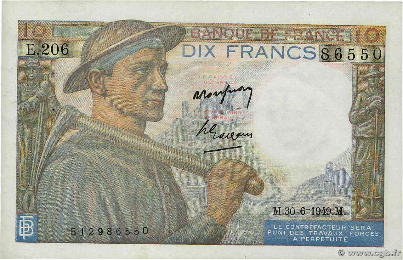 10 Francs MINEUR FRANKREICH  1949 F.08.22a VZ