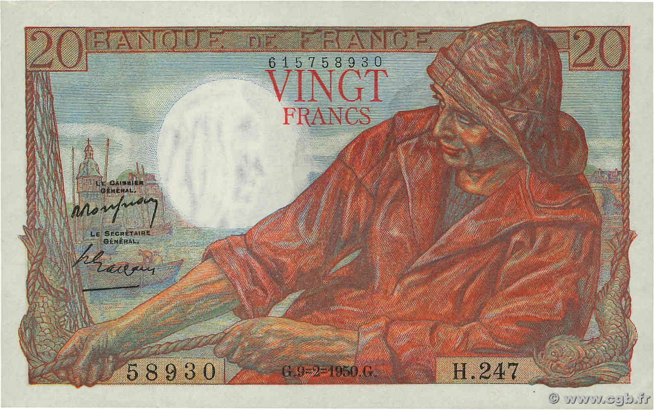 20 Francs PÊCHEUR FRANCE  1950 F.13.17a AU-