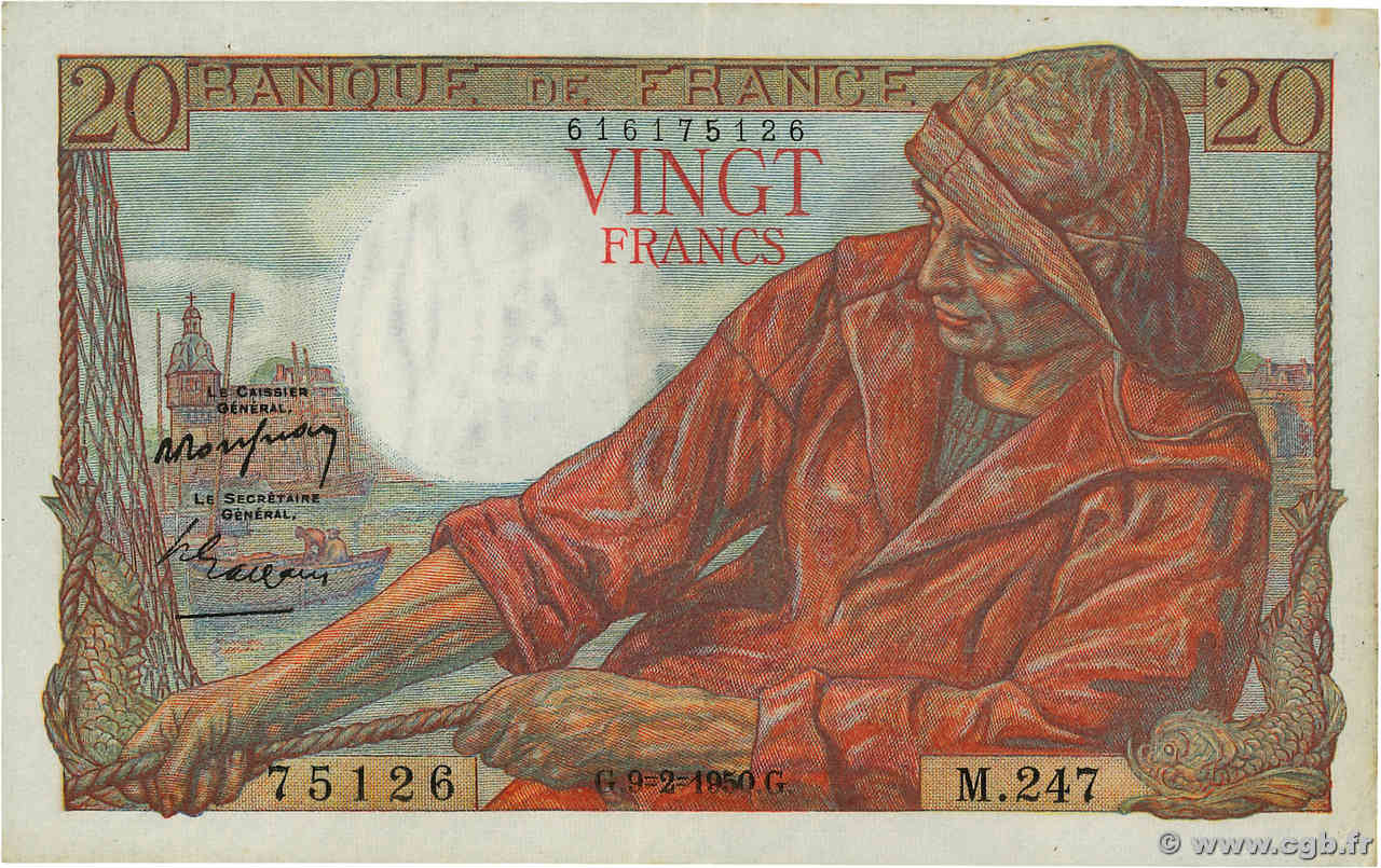 20 Francs PÊCHEUR FRANCE  1950 F.13.17a XF