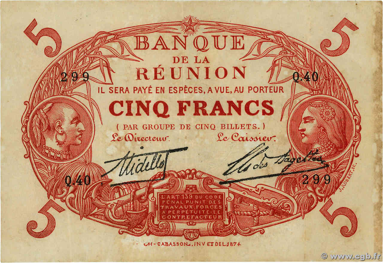 5 Francs Cabasson rouge ÎLE DE LA RÉUNION  1926 P.14 TTB