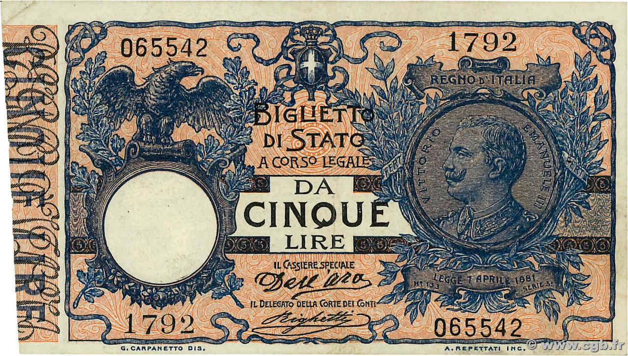 5 Lire ITALIA  1915 P.023c MBC+