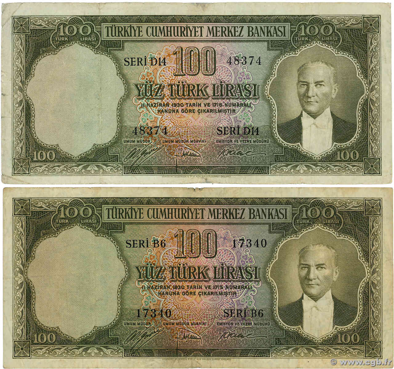 100 Lira Lot TURQUIE  1952 P.167a pr.TB