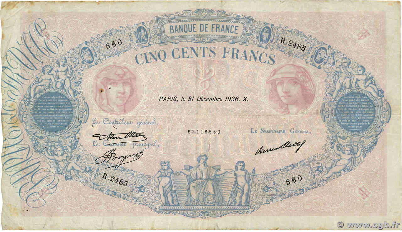 500 Francs BLEU ET ROSE FRANCE  1936 F.30.37 pr.TB