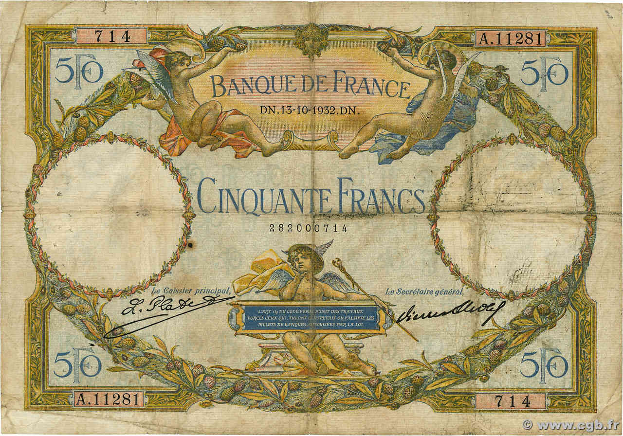 50 Francs LUC OLIVIER MERSON type modifié FRANCE  1932 F.16.03 B