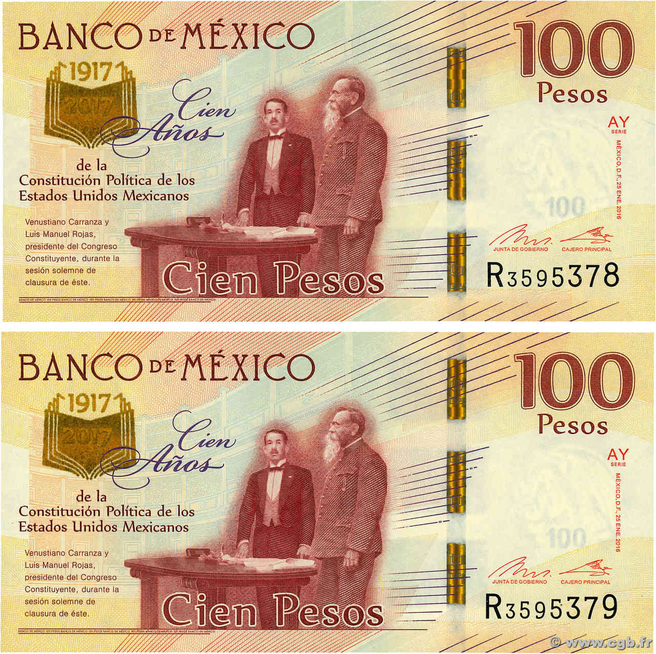 100 Pesos Consécutifs MEXIQUE  2017 P.130c NEUF