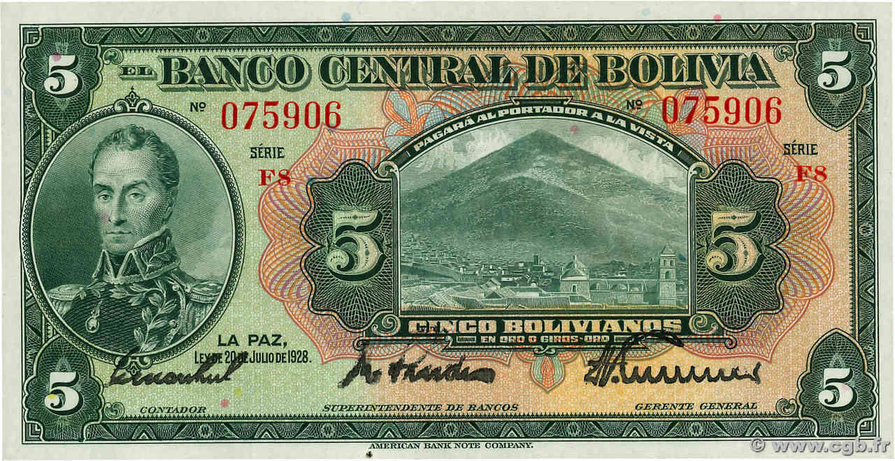 5 Bolivianos BOLIVIE  1928 P.120a SPL+