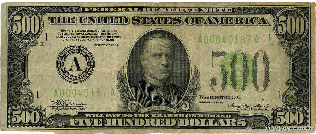 500 Dollars STATI UNITI D AMERICA Boston 1934 P.434 q.MB
