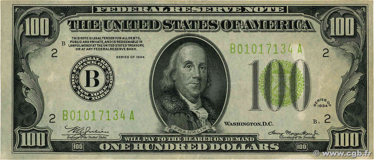 100 Dollars ÉTATS-UNIS D AMÉRIQUE New York 1934 P.433 TTB