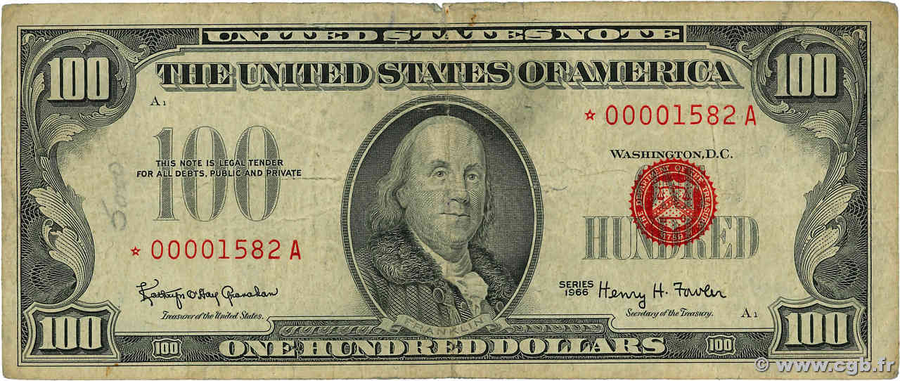 100 Dollars Remplacement UNITED STATES OF AMERICA  1966 P.384a VG