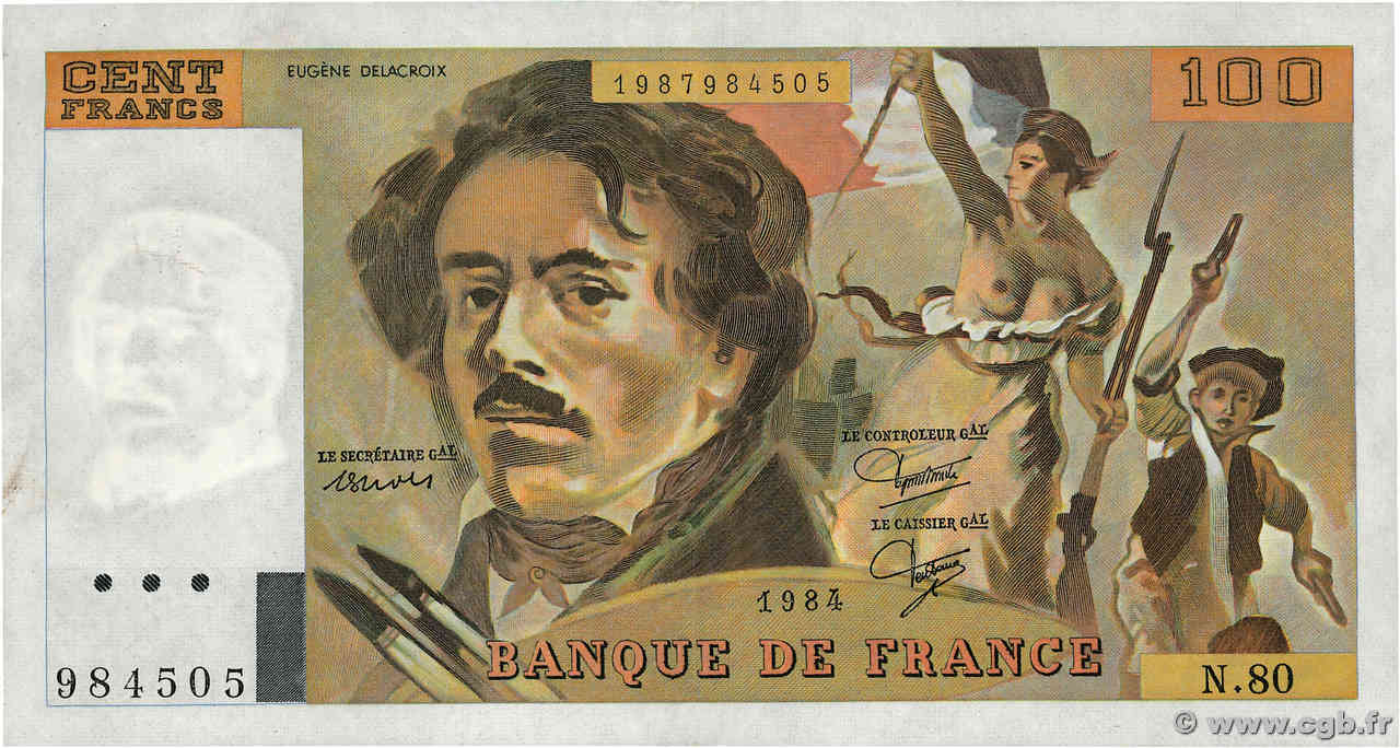 100 Francs DELACROIX modifié FRANCE  1984 F.69.08a pr.SUP