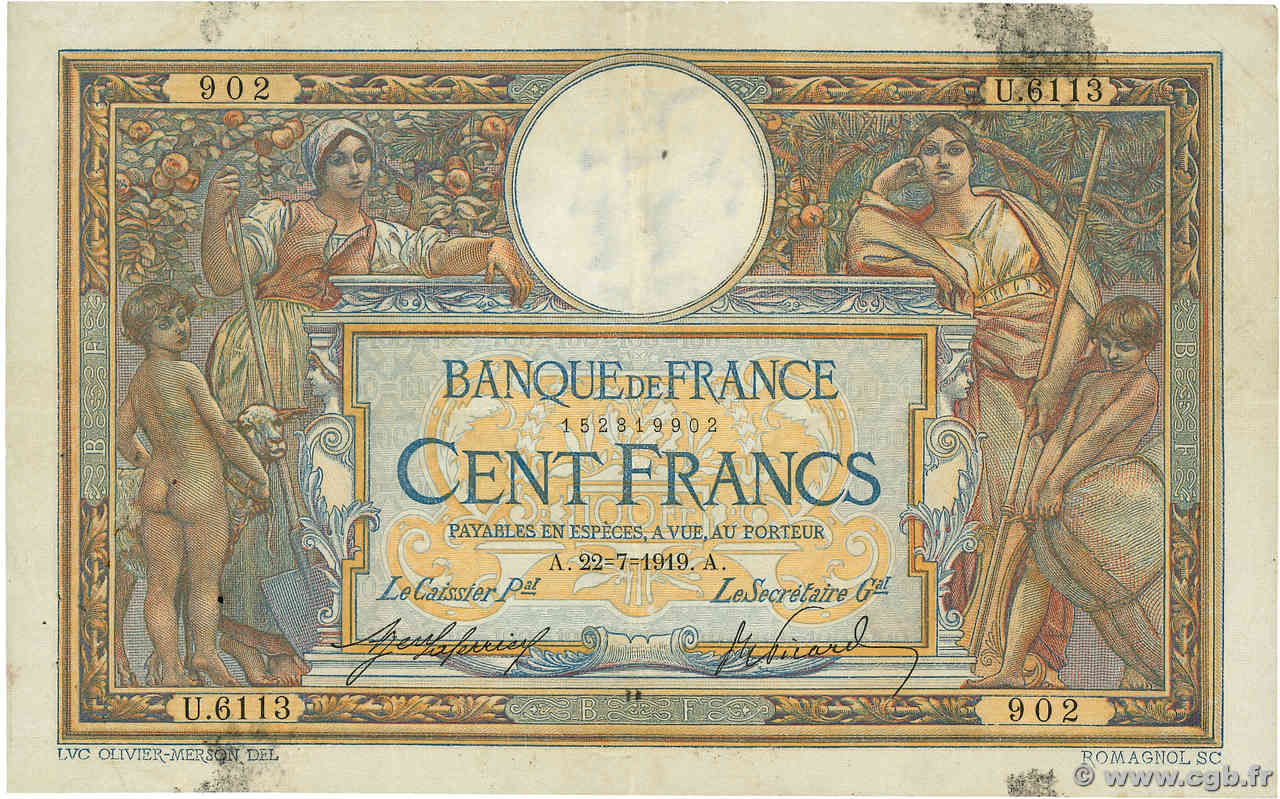 100 Francs LUC OLIVIER MERSON sans LOM FRANCE  1919 F.23.11 TB