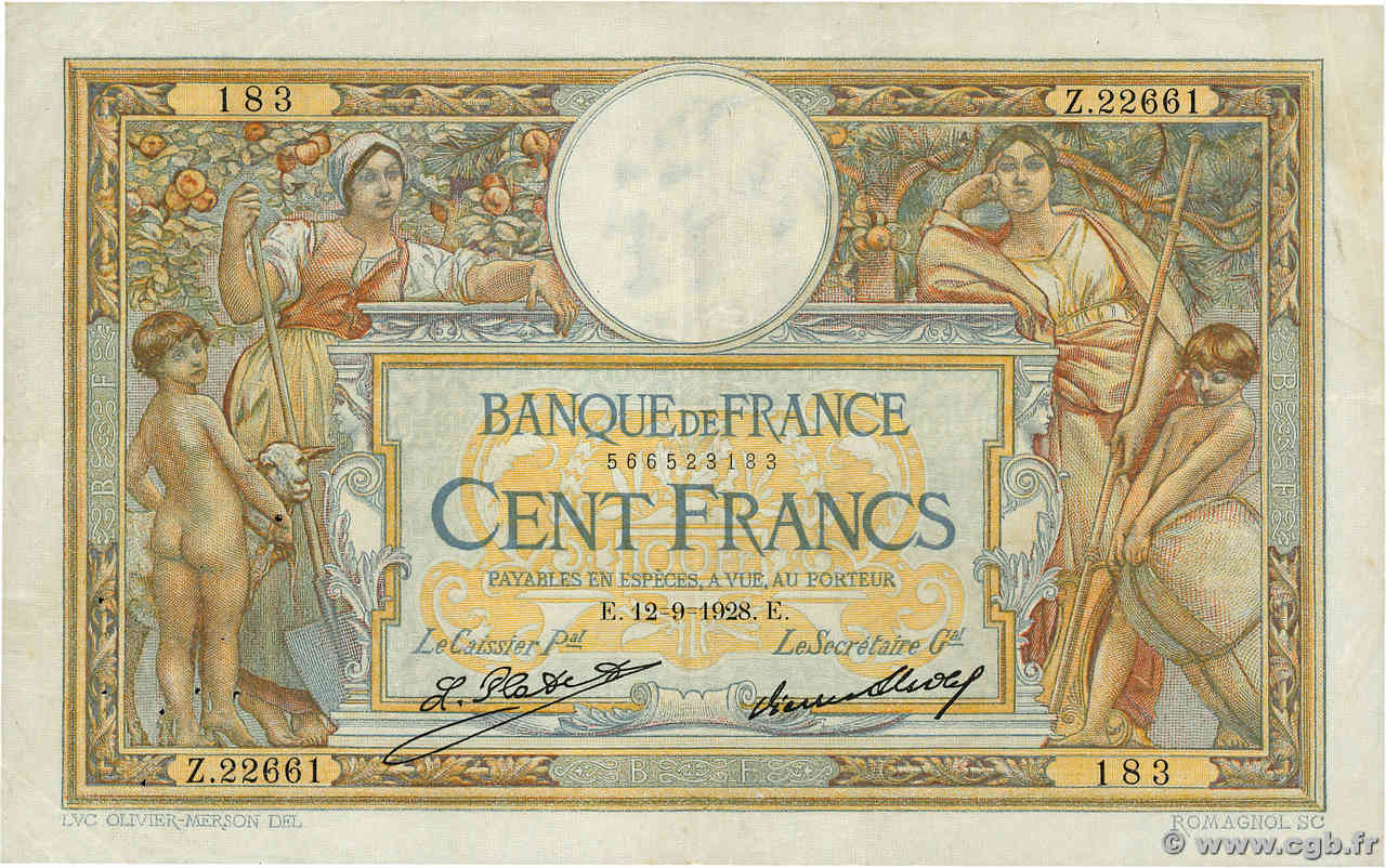 100 Francs LUC OLIVIER MERSON grands cartouches FRANCE  1928 F.24.07 pr.TTB